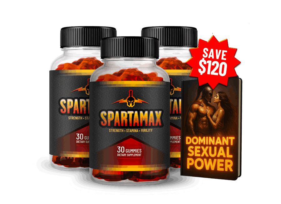 Spartamax gummies supplement bottles with bonus Dominant Sexual Power guide and save 120 dollars offer